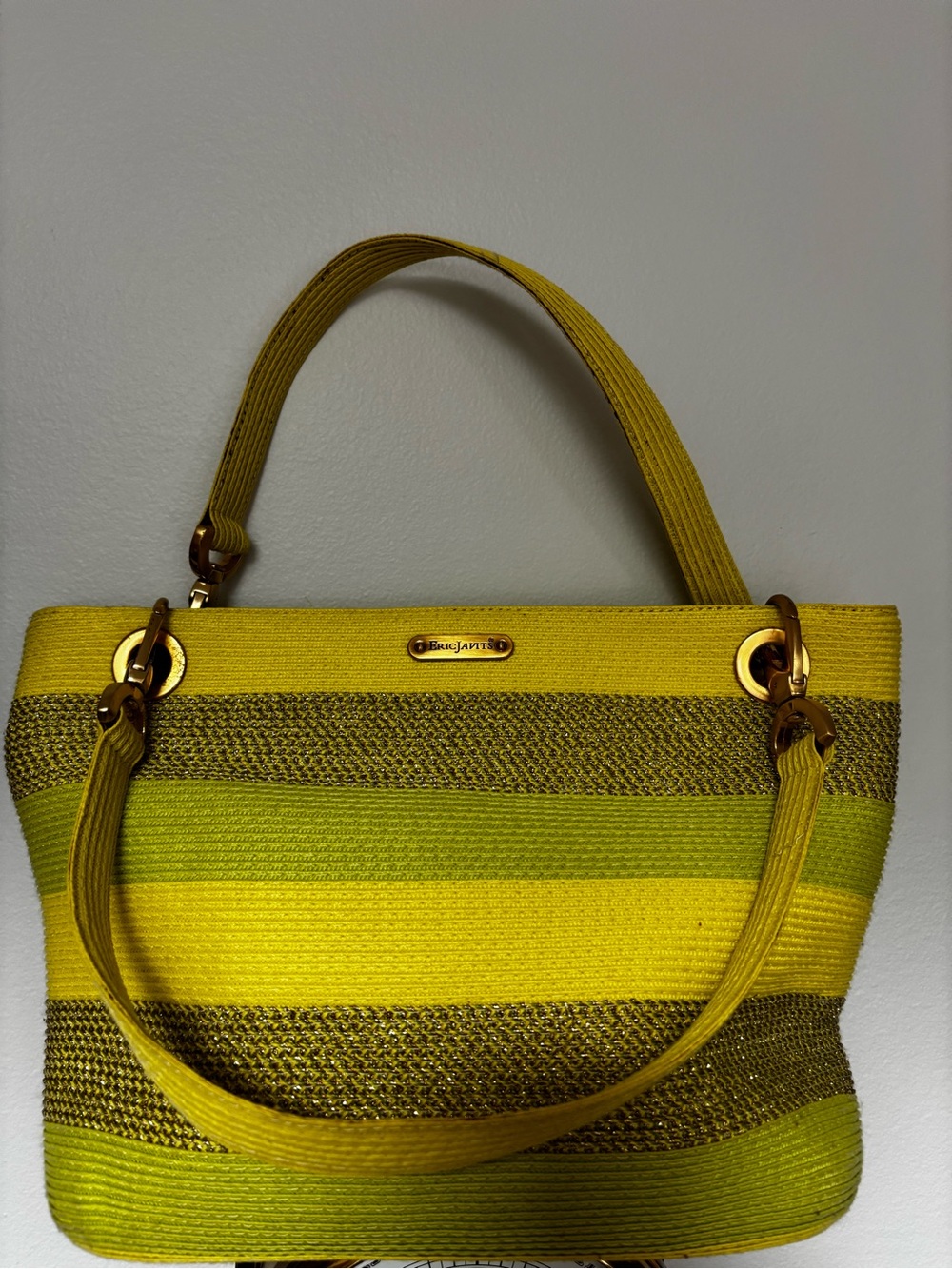 Eric Javits Squishee tote in bright yellows and lime green